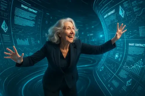 crypto-kamate 5 Poslovna žena samouvjereno upravlja zakrivljenim virtualnim panelima ispunjenima podacima i pametnim ugovorima – simbolički prikaz kontrole, stečenog znanja i sigurnosti u digitalnom svijetu kriptovaluta.